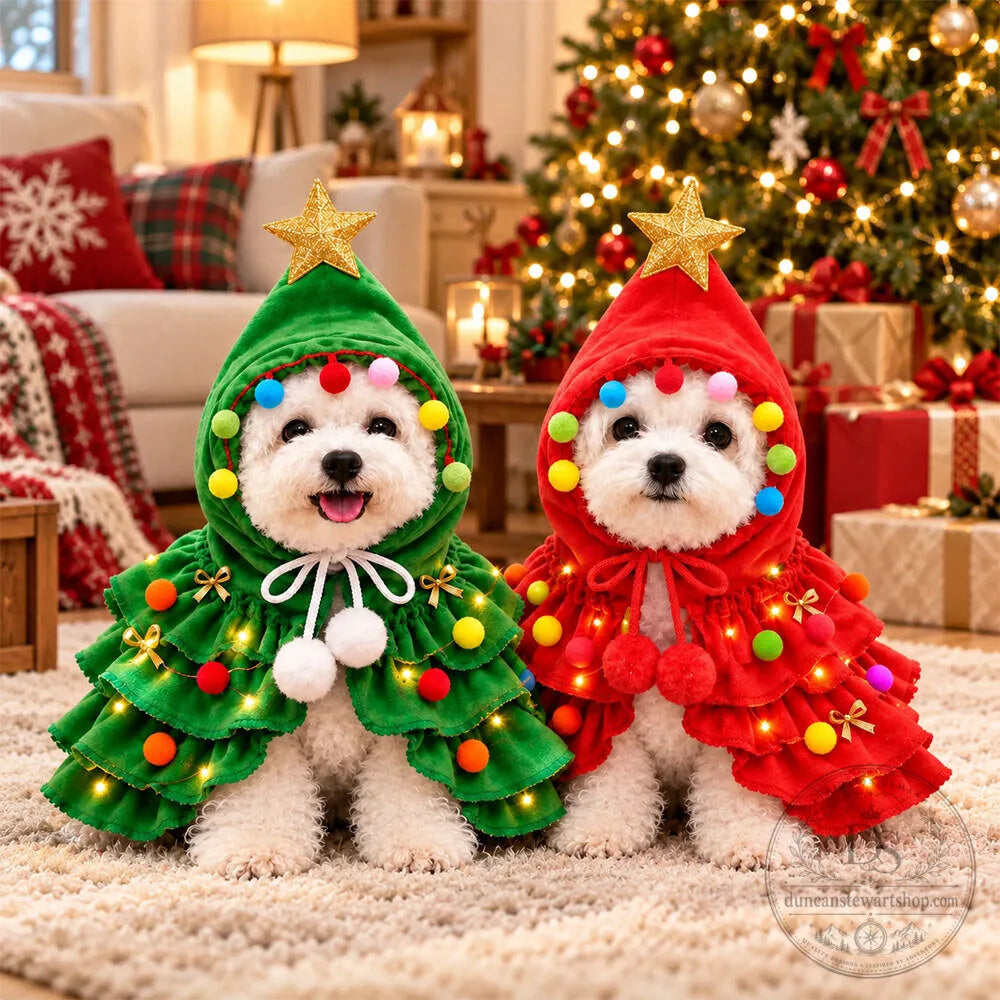 Christmas Tree Dog Cat Costume Cape With Pom-Poms